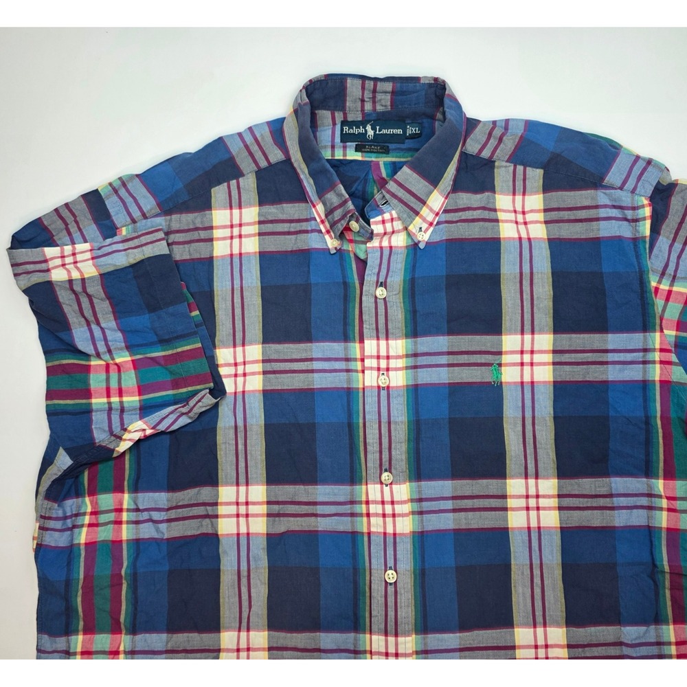 Polo Ralph Lauren Blake Mens XL Blue Plaid Short Sleeve Button Down Cotton Shirt